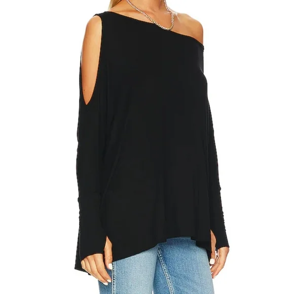 MICHAEL Lauren Yoga Thumb Hole Cuff Black Off-Shoulder Women's Knit SHIRT L EUC - Picture 2 of 5